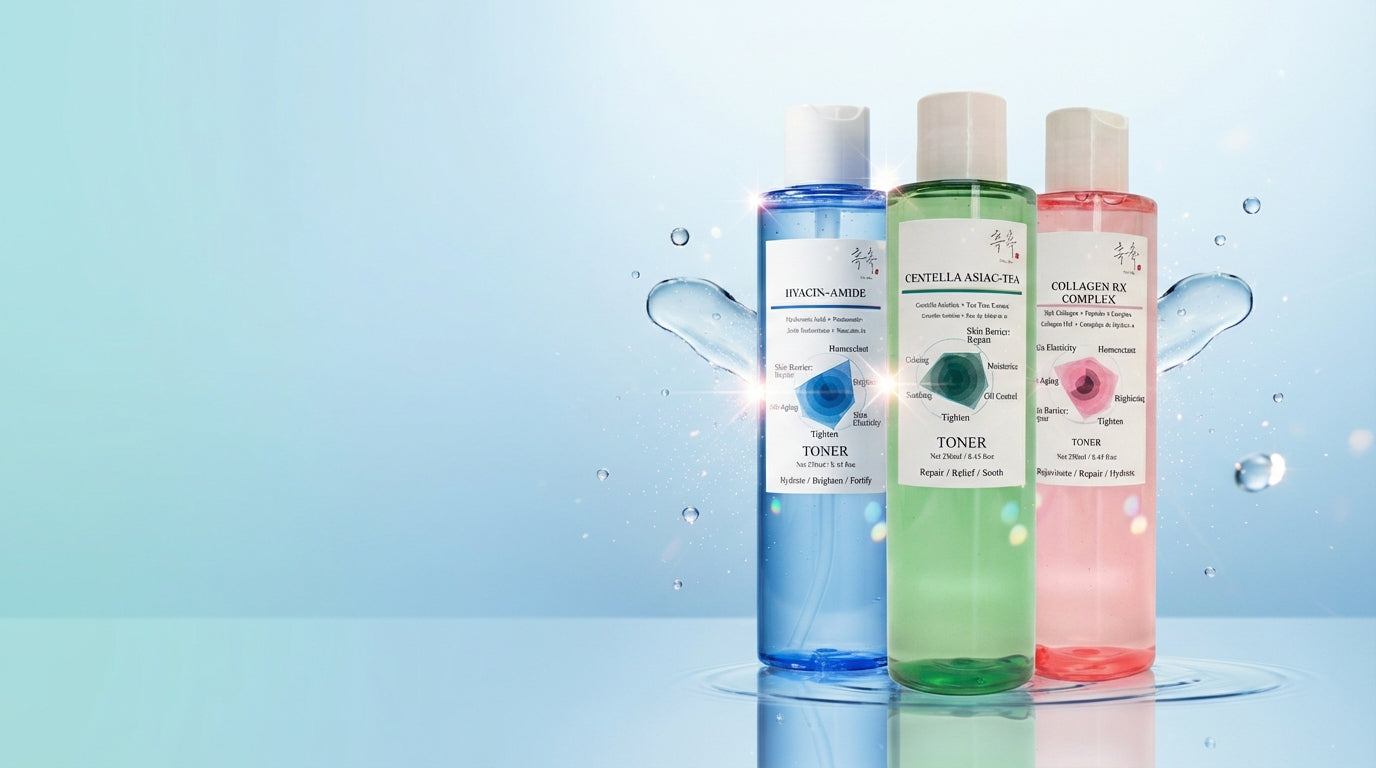 CHOC CHOC SKIN toner collection banner featuring HYACIN-AMIDE, CENTELLA ASIAC-TEA, and COLLAGEN RX COMPLEX hydrating K-beauty toners