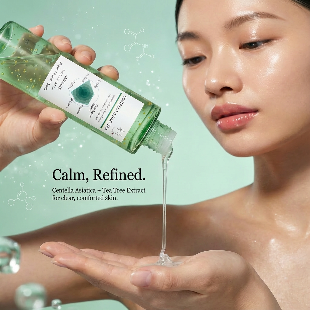 Model applying CENTELLA ASIAC-TEA ampoule – calming Centella + Tea Tree ampoule for refreshed healthy-looking skinbalance
