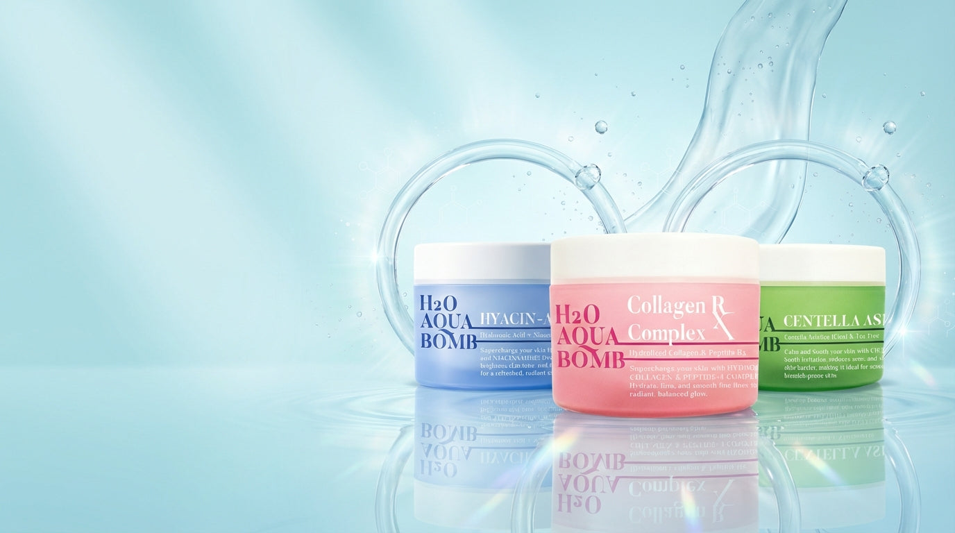 CHOC CHOC SKIN H2O Aqua Bomb moisturizers in blue, pink, and green jars on a water splash background for hydration, glow, and soothing skincare