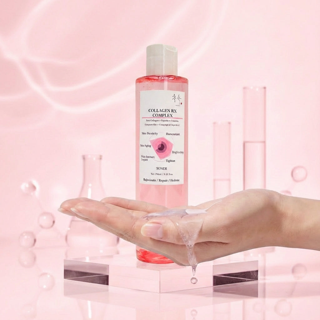 Hand holding COLLAGEN RX COMPLEX toner – lightweight collagen peptide toner for hydration and bouncy glow