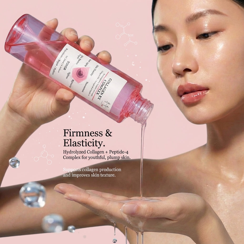 Model applying COLLAGEN RX COMPLEX toner – hydrating collagen peptide toner for firm, radiant skin