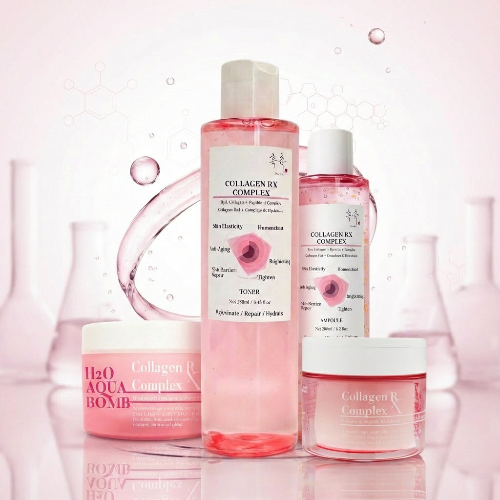 CHOC CHOC SKIN Collagen RX Complex collection including hydrating toner, ampoule, and aqua bomb moisturizer for glowing skin