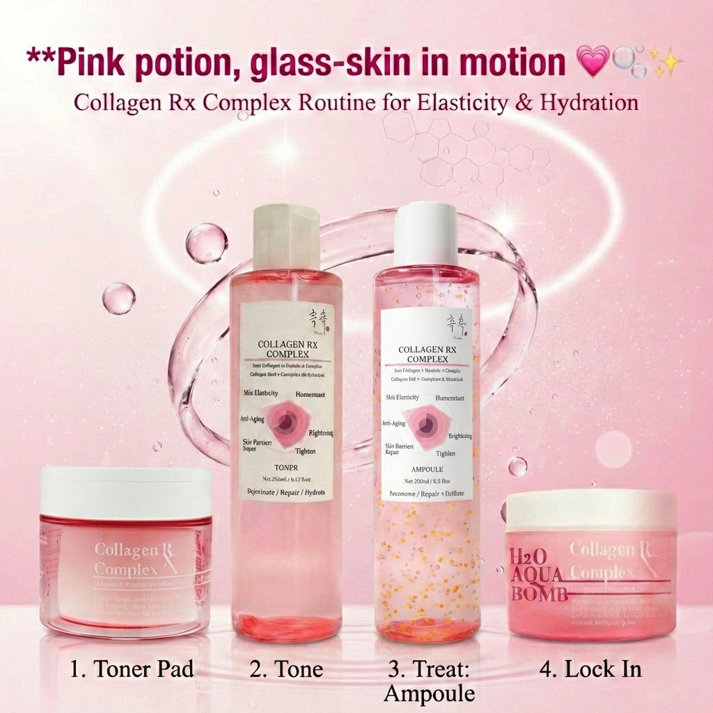 CHOC CHOC SKIN Collagen RX skincare routine featuring toner, ampoule, aqua bomb cream, and toner pads for hydration and firming