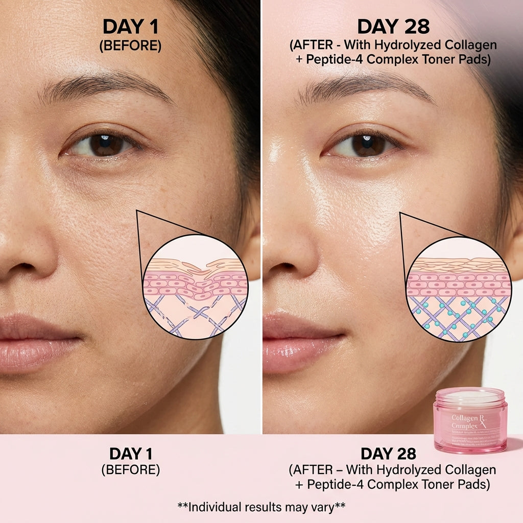 Before and after results showing smoother, more hydrated skin after using CHOC CHOC SKIN Collagen RX Complex Toner Pad 