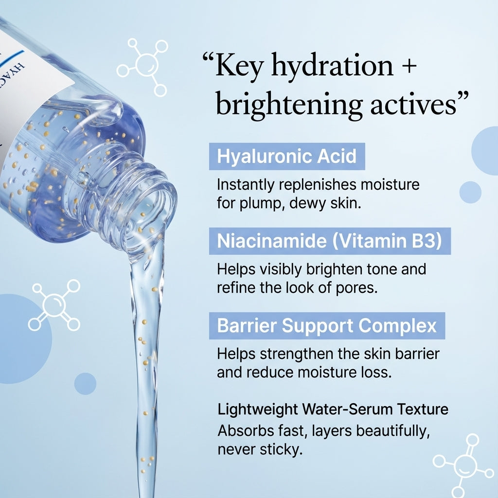 HYACIN-AMIDE ampoule active ingredients – Hyaluronic Acid hydration and Niacinamide brightening for smoother skin