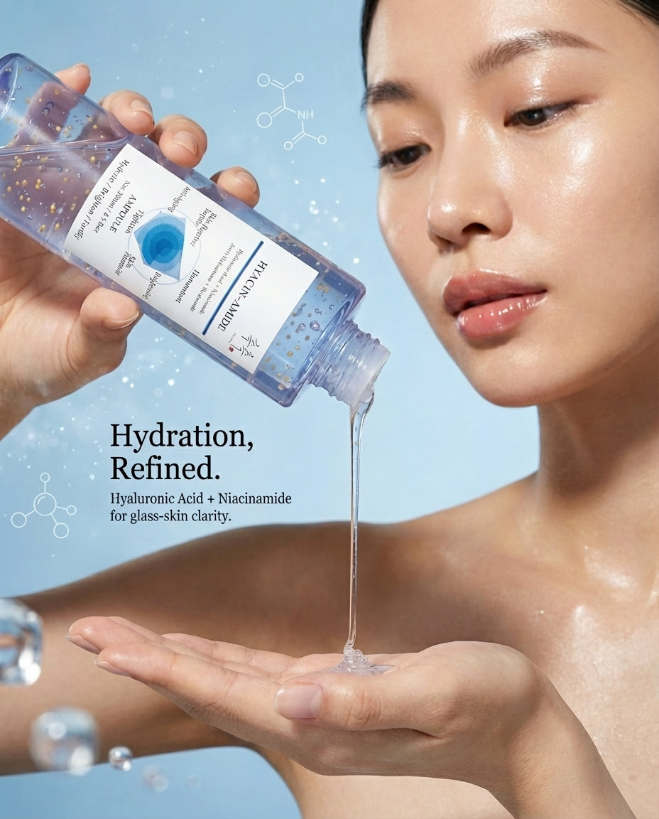 Model applying HYACIN-AMIDE ampoule – Hyaluronic Acid + Niacinamide ampoule for radiant glass skin glow