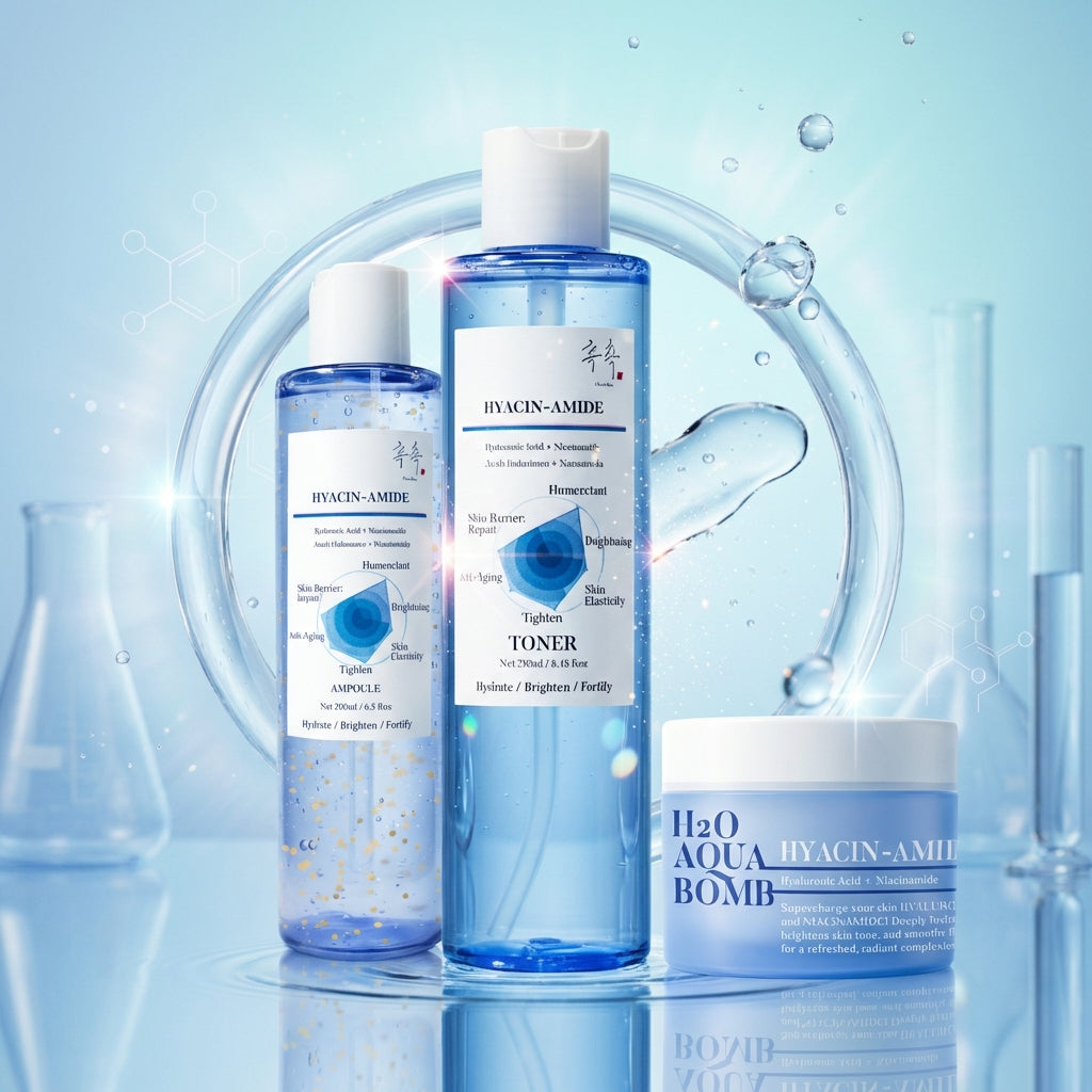 HYACIN-AMIDE skincare set lineup – ampoule, toner, and moisturizer with Hyaluronic Acid + Niacinamide for dewy hydration