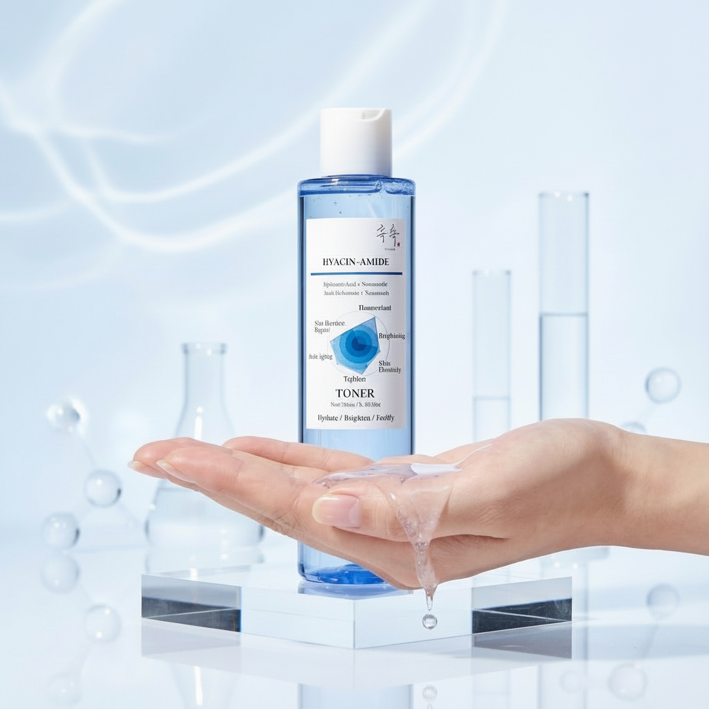 Hand holding HYACIN-AMIDE toner bottle – lightweight Hyaluronic Acid + Niacinamide toner for hydration and glow