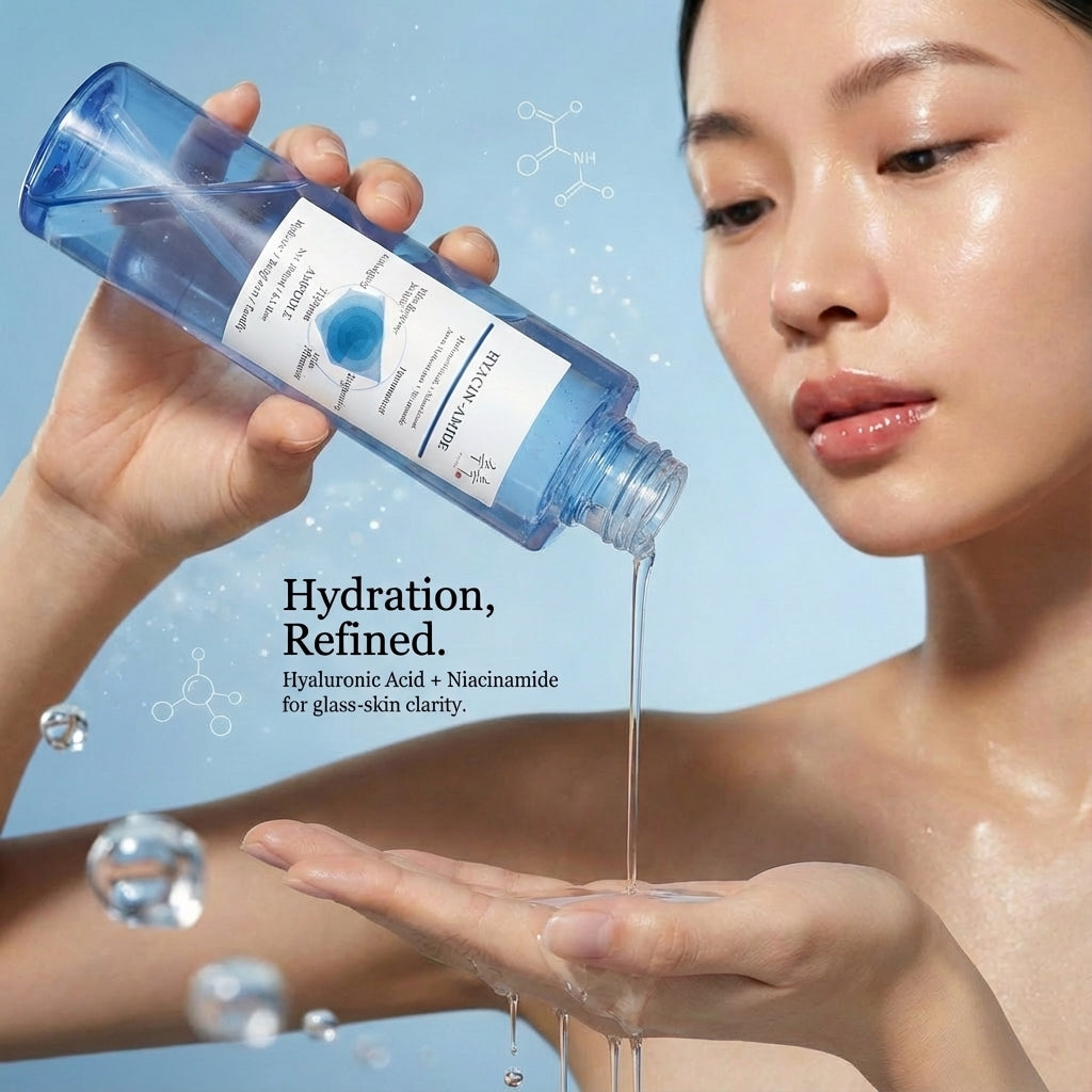 Model applying HYACIN-AMIDE toner – hydrating Hyaluronic Acid + Niacinamide toner for dewy glowing skin