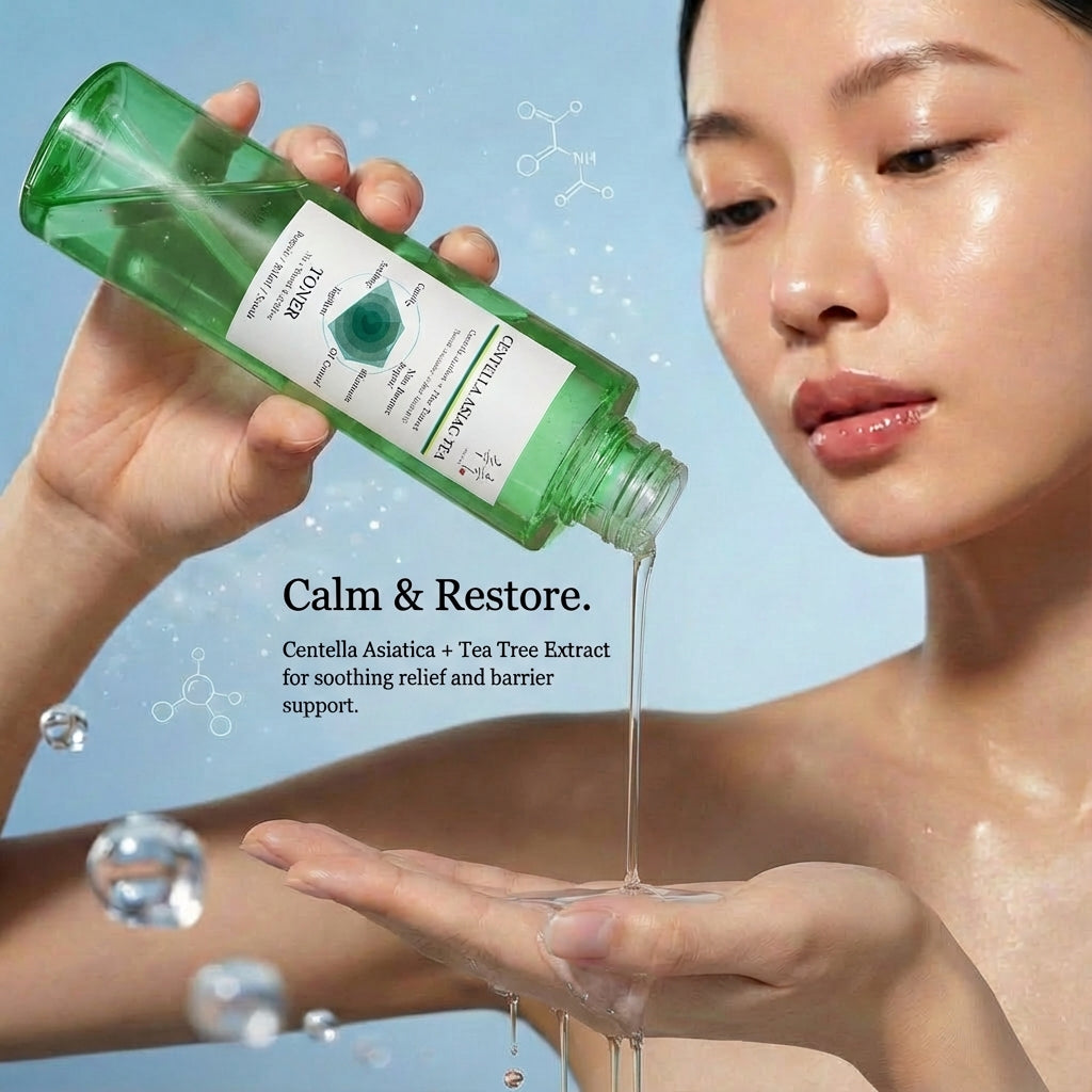 Model applying CENTELLA ASAIC-TEA toner – calming toner with Centella Asiatica + Tea Tree Extract
