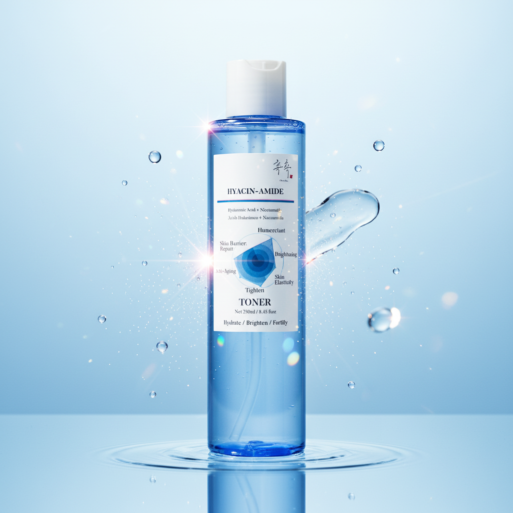 HYACIN-AMIDE toner bottle with water droplets – Hyaluronic Acid + Niacinamide hydrating toner
