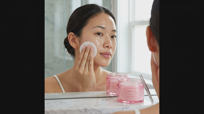 Model applying CHOC CHOC SKIN Collagen RX Complex H2O Aqua Bomb cream to hydrate, firm, and boost glow